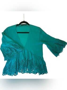 SFERRA Teal  Basic Eyelet Embroidered Flared Peplum Top sz M